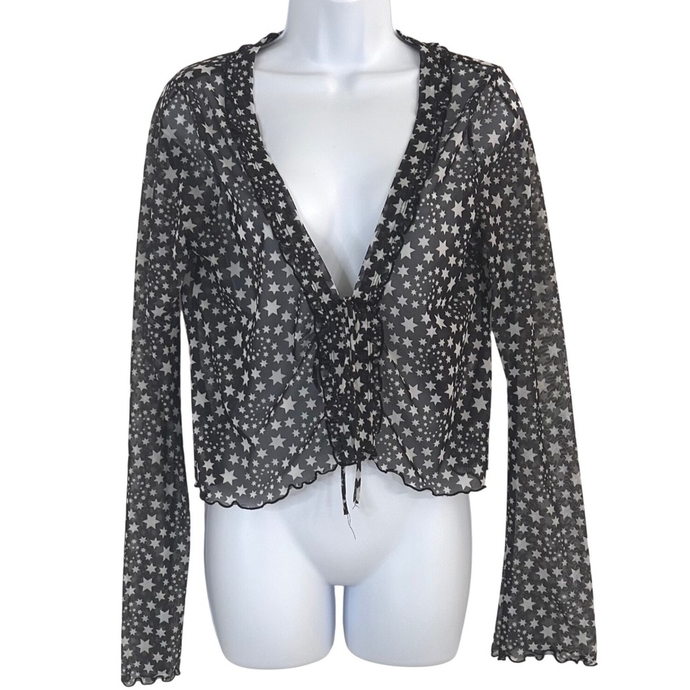 NWOT Free People Celestial Star Mesh Tie Front Top Navy White Long Sleeve L